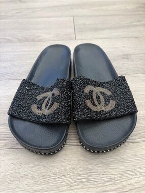 Black Crystal CC Logo Slide Sandals